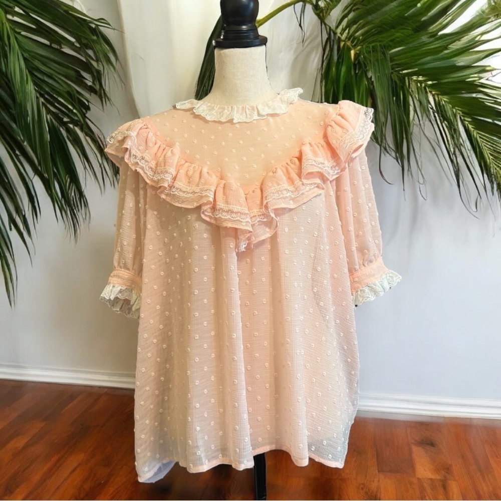 POL Sheer Swiss Dot Ruffle Blouse – Size L - Feminine Lace Top